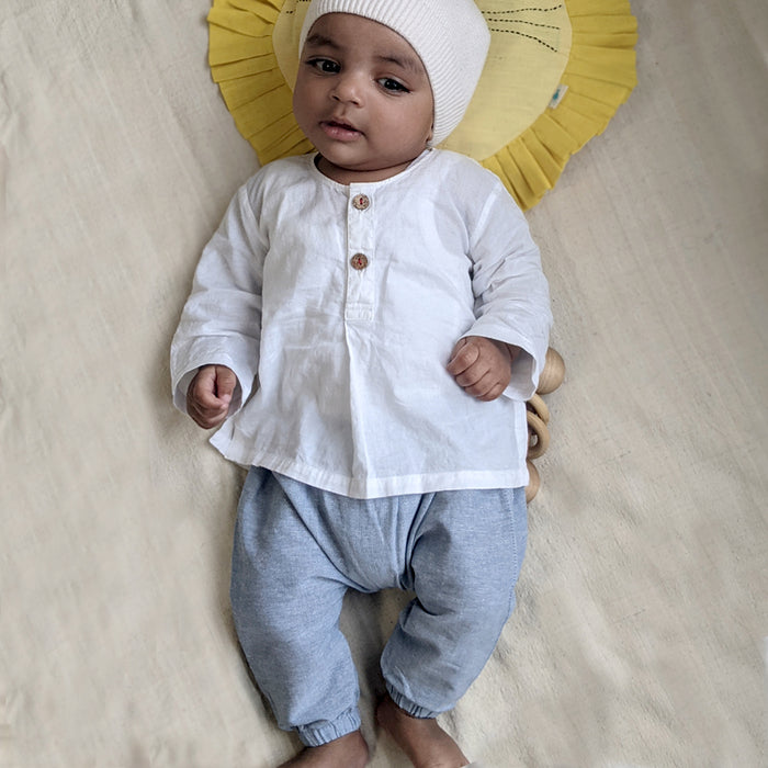 Organic Essential White Kurta + Blue Chambray Pants (6 Months - 7 Years)