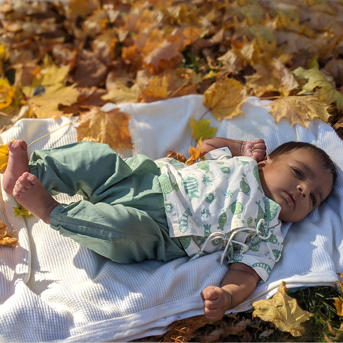 Organic Fish Print Angarakha Top + Mint Pants (0-6 Months)