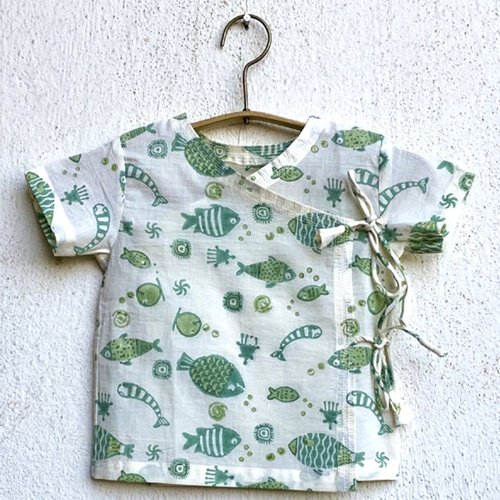 Organic Fish Print Angarakha Top + Mint Pants (0-6 Months)