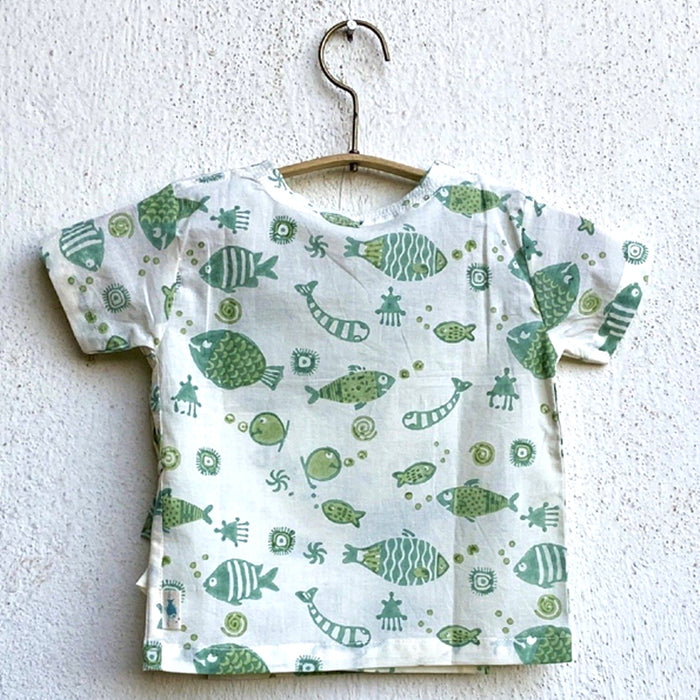 Organic Fish Print Angarakha Top + Mint Pants (0-6 Months)