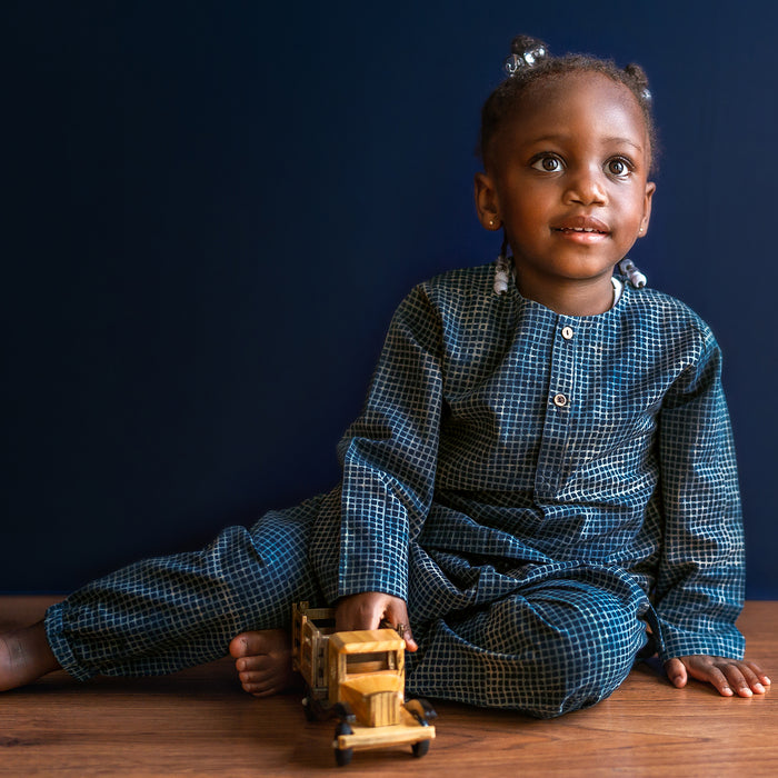 Organic Indigo Bag - Raidana + Check Kurta + Check Pants (6 Months - 7 Years)