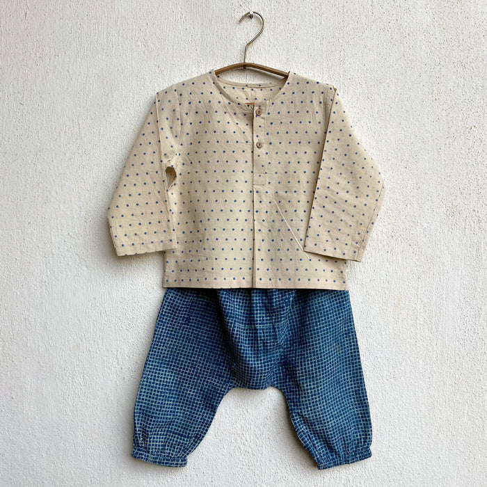 Organic Indigo Bag - Raidana + Check Kurta + Check Pants (6 Months - 7 Years)