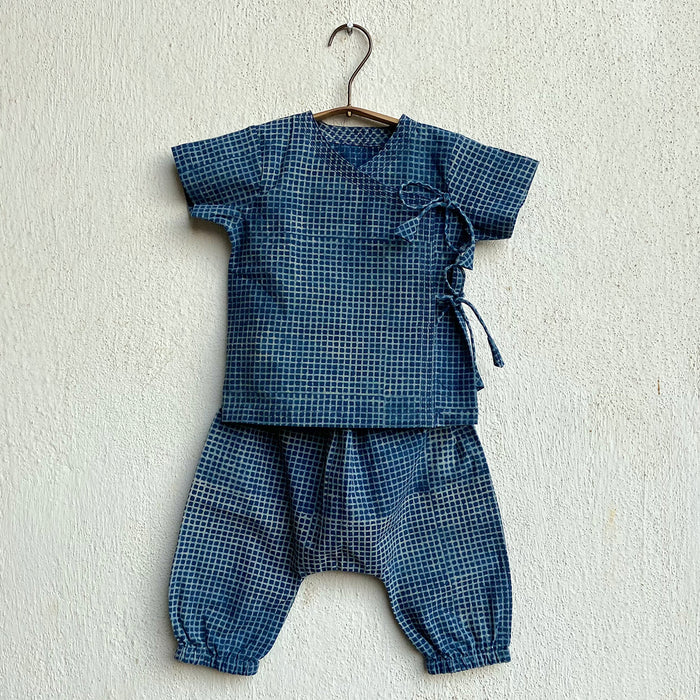 Organic Indigo Check Angarakha + Matching Pants (0-6 Months)