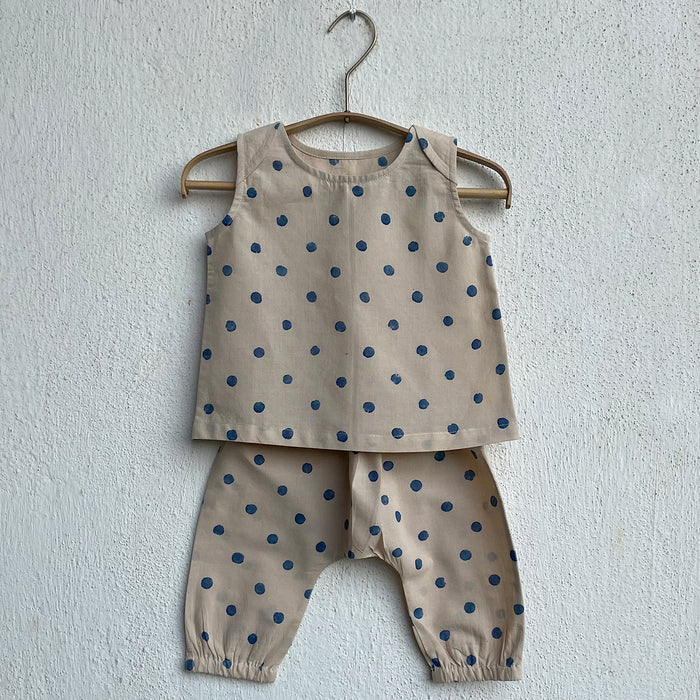 Organic Indigo Polka Jhabla With Matching Pants (0-7 Years)