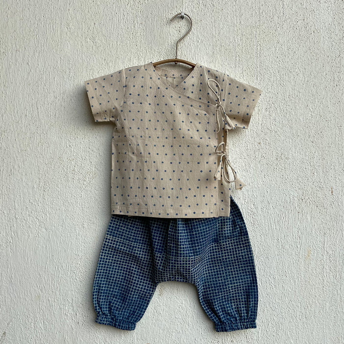 Organic Indigo Zoo Bag - Raidana And Check Angarakha + Pants (0-6 Months)