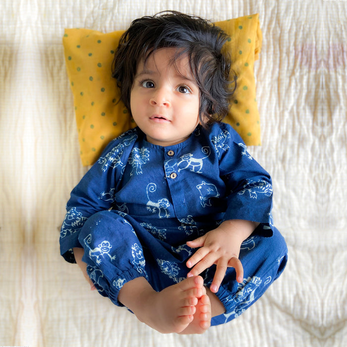 Organic Indigo Zoo Bag - Zoo And White Kurta + Zoo Pants (6 Months - 7 Years)