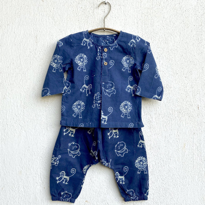 Organic Indigo Zoo Bag - Zoo And White Kurta + Zoo Pants (6 Months - 7 Years)