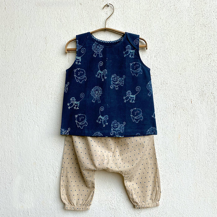 Organic Indigo Zoo Jhabla Bag - Zoo + Raidana Jhabla With Rai Dana Pants (0-7 Years)
