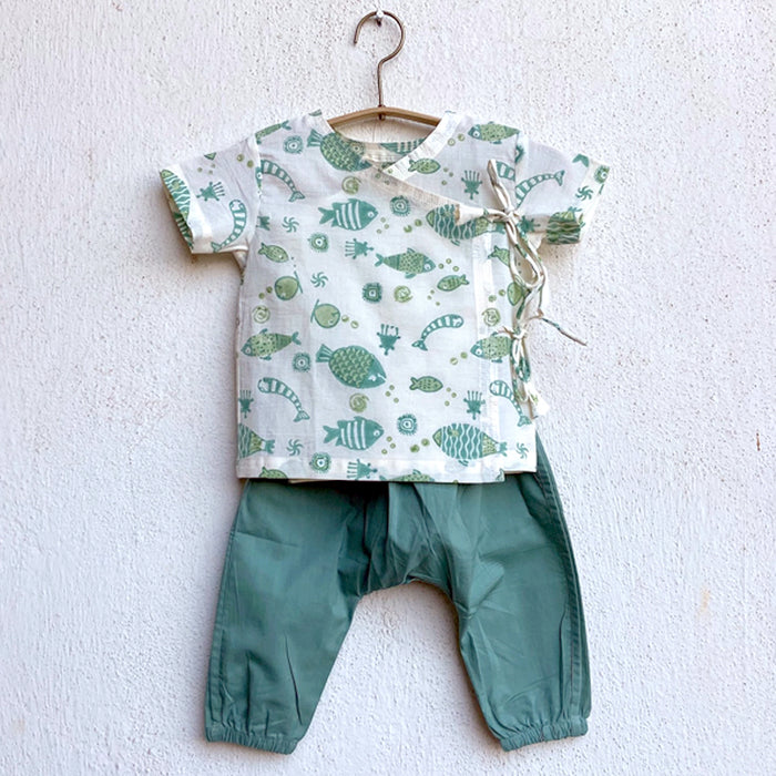 Organic Koi Bag - Koi Mint And White Angrakha + Mint Pants (0-6 Months)