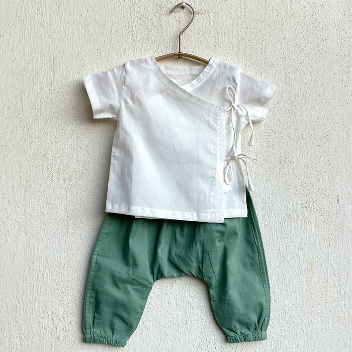 Organic Koi Bag - Koi Mint And White Angrakha + Mint Pants (0-6 Months)