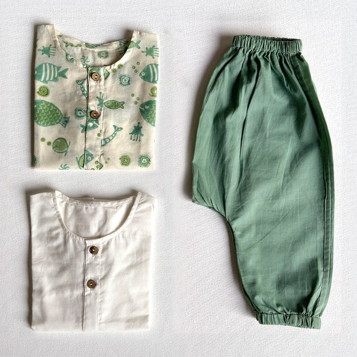 Organic Koi Bag - Koi Mint And White Kurta + Mint Pants (6 Months - 7 Years)