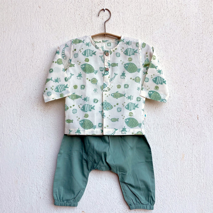 Organic Koi Bag - Koi Mint And White Kurta + Mint Pants (6 Months - 7 Years)