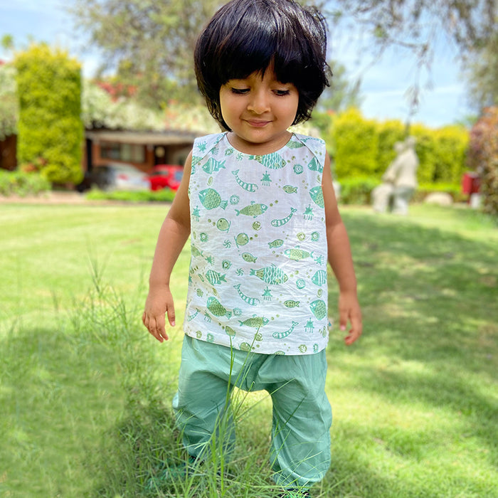 Organic Koi Jhabla Bag - Yellow Patang And Koi Mint (0-7 Years)