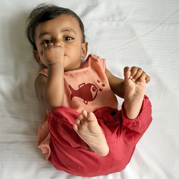 Organic Koi Peach Jhabla With Red Pants (0-2 Years)