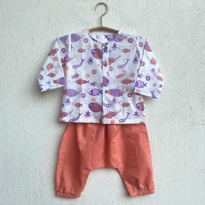 Organic Koi Peach Print Kurta + Peach Pants (6 Months - 5 Years)
