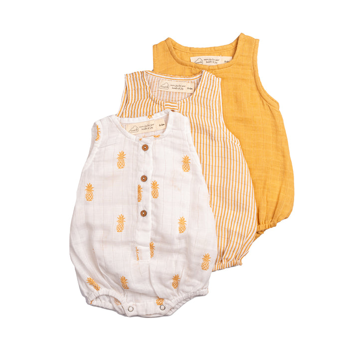 Organic Muslin Baby Romper (Pack of 3) – Pineapple (0-6 Months)