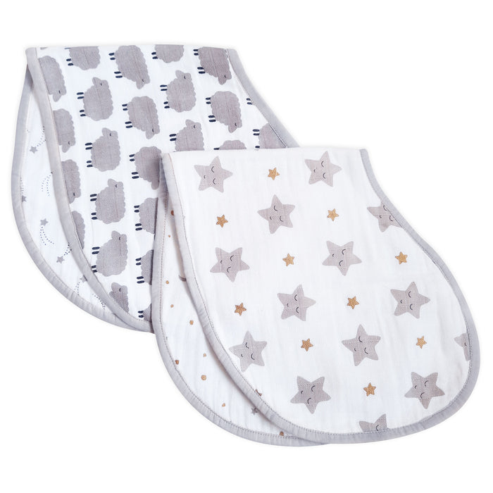 Organic Muslin Burp Cloth & Bib (Pack of 2) – Sheep & Stars (All Ages)