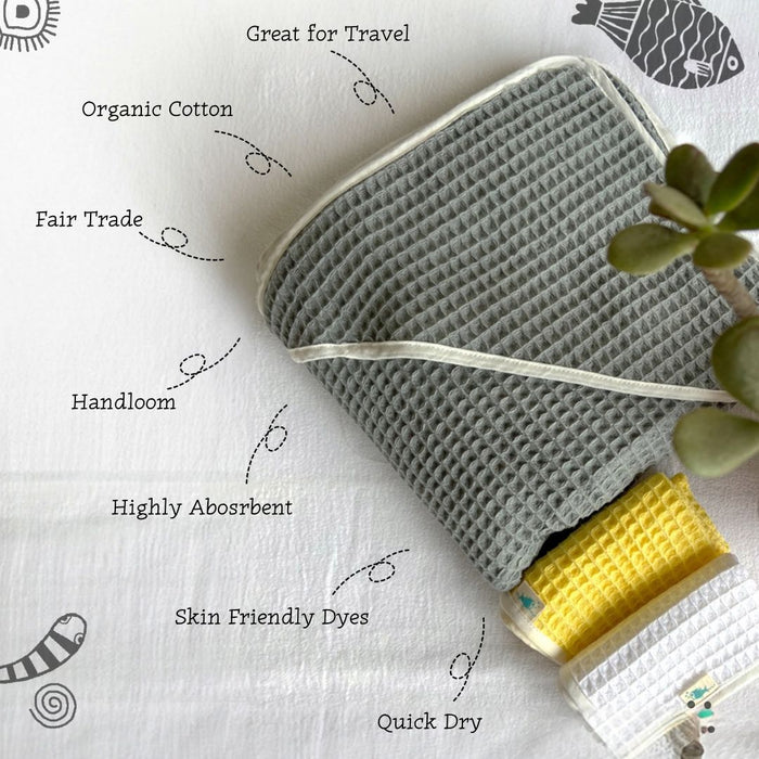 ORGANIC WAFFLE HOODED TOWEL SET - GREY (All Ages)