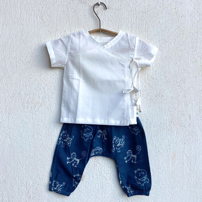 Organic White Angrakha Top+Zoo Print Indigo Pants (0-6 Months)