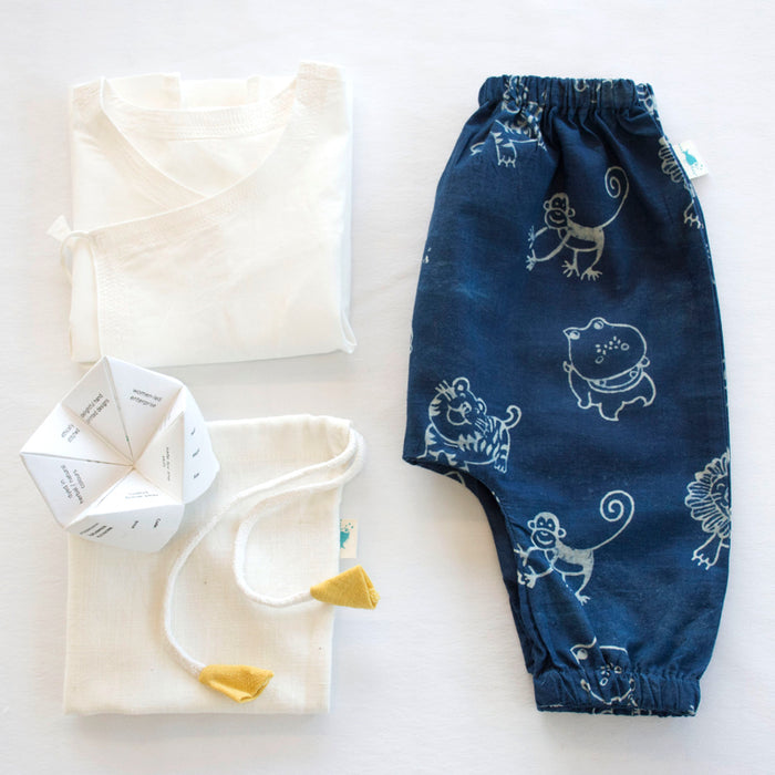 Organic White Angrakha Top+Zoo Print Indigo Pants (0-6 Months)
