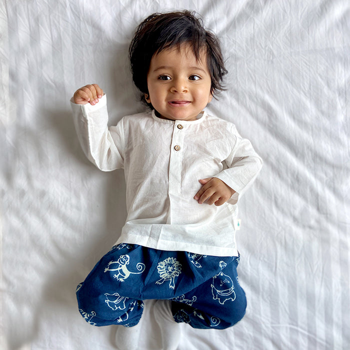 Organic White Kurta + Zoo Print Indigo Pants (6 Months - 7 Years)