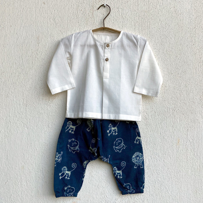 Organic White Kurta + Zoo Print Indigo Pants (6 Months - 7 Years)