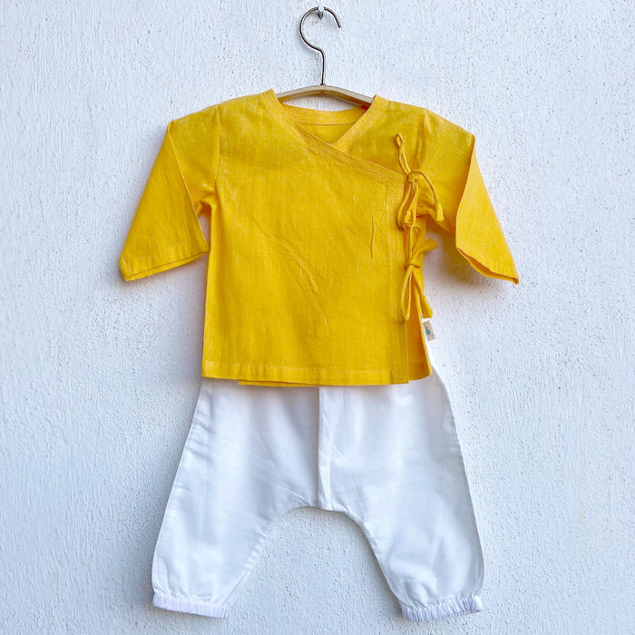 Organic Yellow Angrakha + White Pants (0-7 Years)