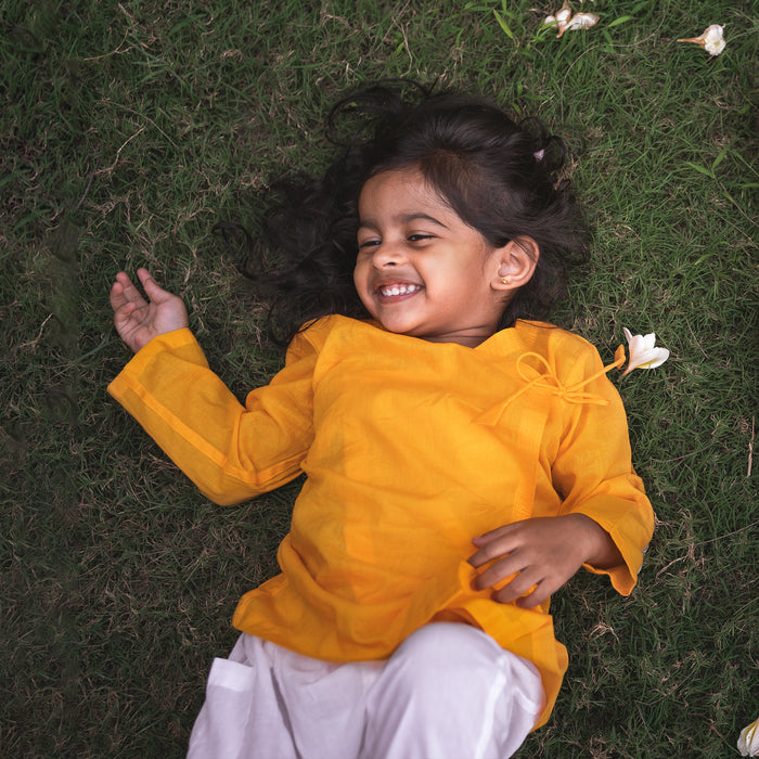 Organic Yellow Angrakha + White Pants (0-7 Years)