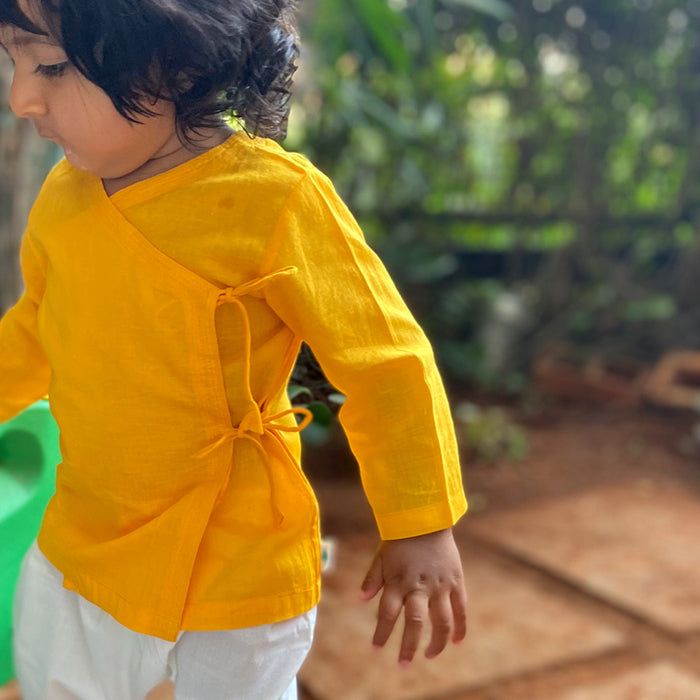 Organic Yellow Angrakha + White Pants (0-7 Years)