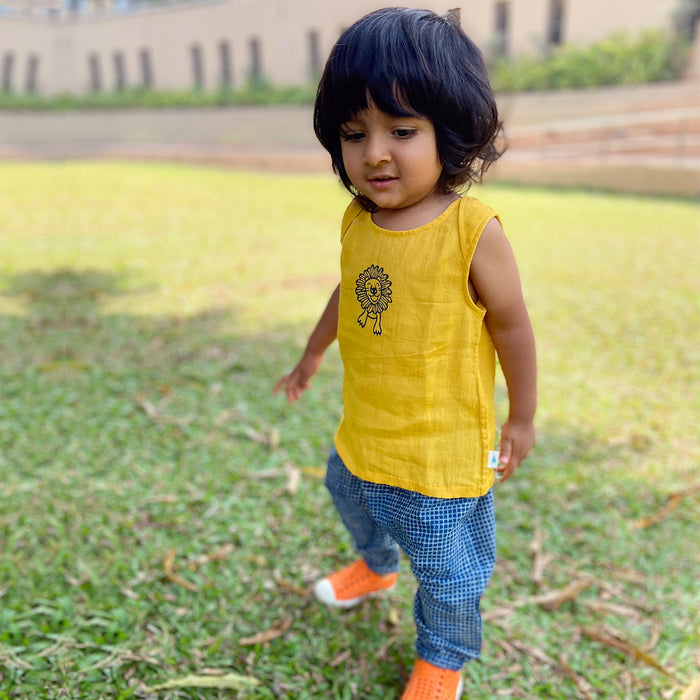 Organic Zoo Bag - Yellow Jhabla + Indigo Check Angarakha + Pants (0-6 Months)