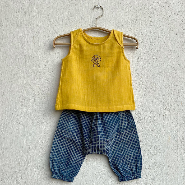 Organic Zoo Bag - Yellow Jhabla + Indigo Check Angarakha + Pants (0-6 Months)