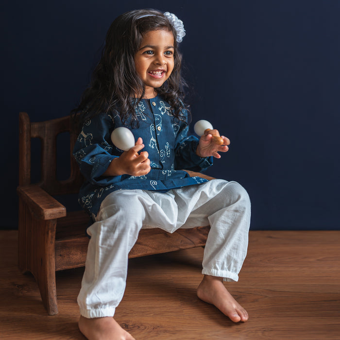 Organic Zoo Print Indigo Kurta + White Pants (6 Months - 7 Years)
