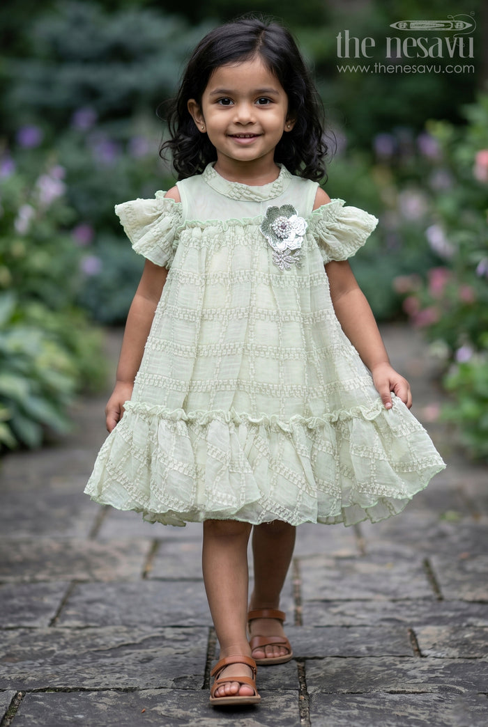 The Nesavu Girls Fancy Frock Organza Dress Frock for Girls in Light Green with Ruffle Hem and Floral Brooch Detail Nesavu 16 (1Y) / Green GFC1783A-16 Organza Dress Frock Girls Light Green Ruffles Embellished Floral Brooch | The Nesavu