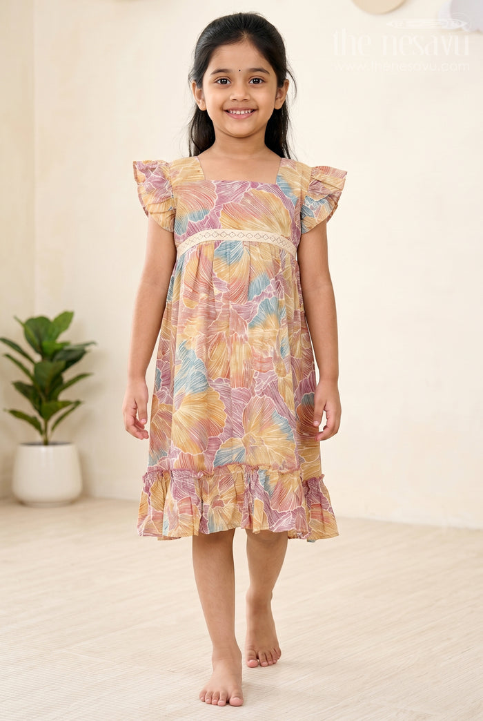 The Nesavu Girls Cotton Frock Organza Frock for Girls in Multicolor Leaf Pattern with Flared Design Nesavu 16 (1Y) / Multicolor GFC1588A-16 Multicolor Leaf Pattern Organza Frock Girls Ruffle Hem | The Nesavu