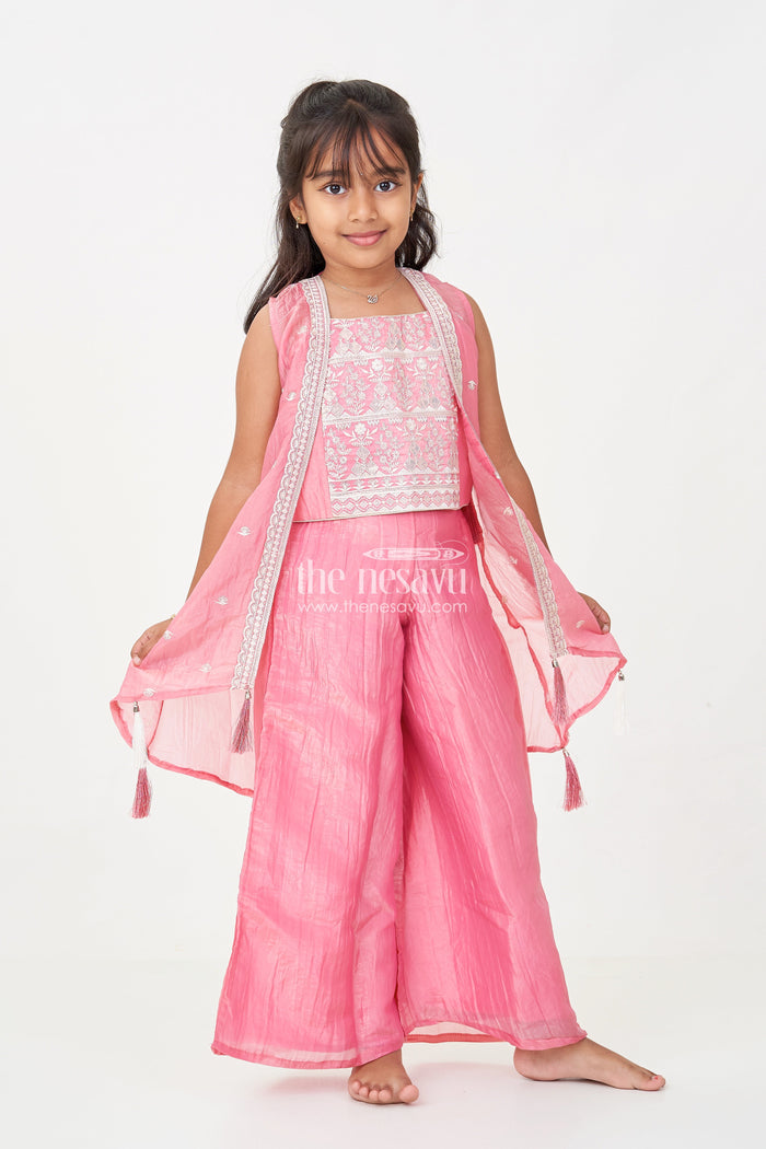 The Nesavu Girls Sharara / Plazo Set Organza Sharara Set for Girls with Sequence Embellished Jacket and Flared Palazzo Pants Nesavu 22 (4Y) / Peach GPS506B-22 Nesavu Girls Organza Sharara Set Sequence Embellished Jacket Palazzo Pants Rose Pink