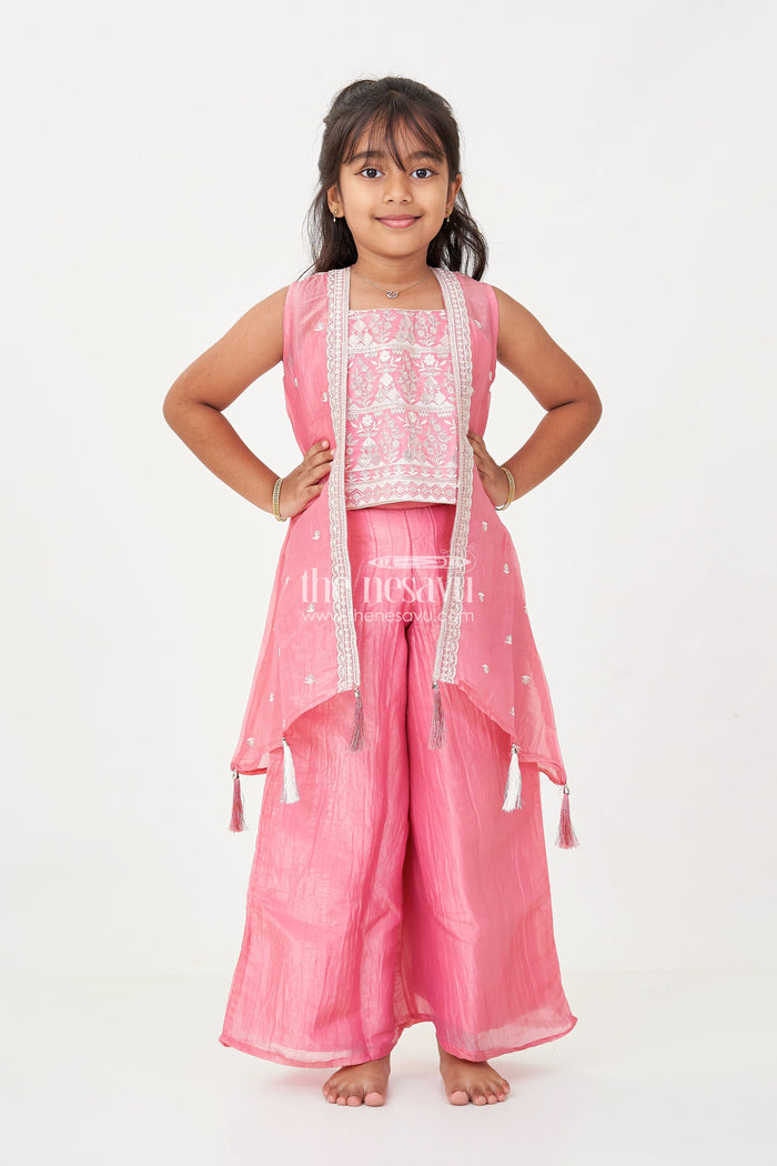 The Nesavu Girls Sharara / Plazo Set Organza Sharara Set for Girls with Sequence Embellished Jacket and Flared Palazzo Pants Nesavu Nesavu Girls Organza Sharara Set Sequence Embellished Jacket Palazzo Pants Rose Pink