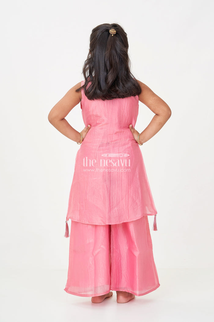 The Nesavu Girls Sharara / Plazo Set Organza Sharara Set for Girls with Sequence Embellished Jacket and Flared Palazzo Pants Nesavu Nesavu Girls Organza Sharara Set Sequence Embellished Jacket Palazzo Pants Rose Pink