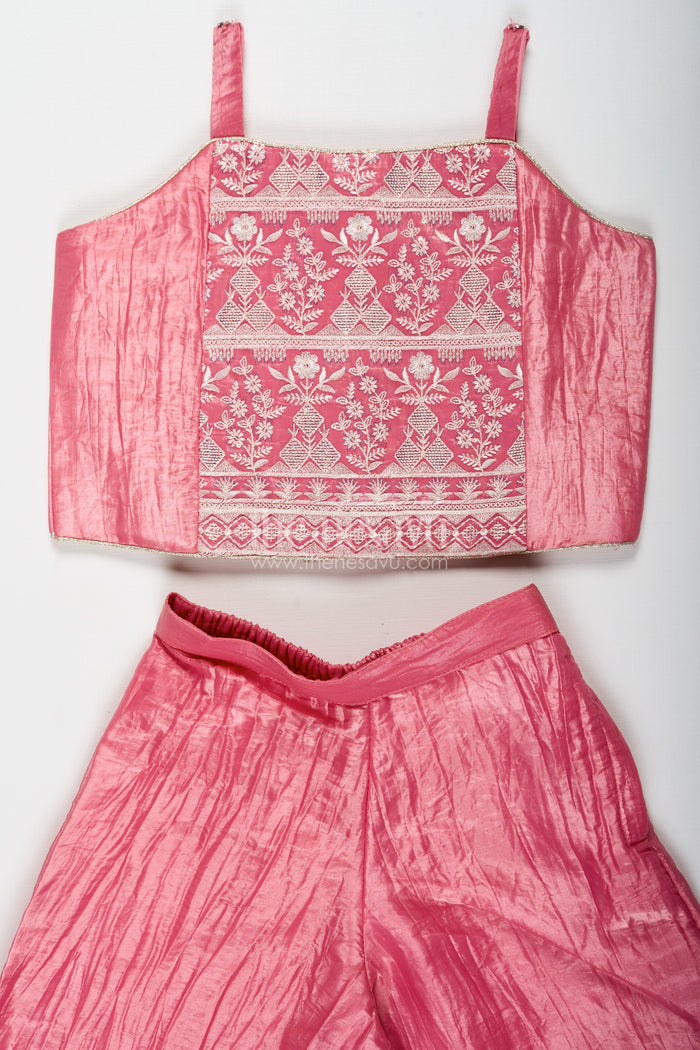 The Nesavu Girls Sharara / Plazo Set Organza Sharara Set for Girls with Sequence Embellished Jacket and Flared Palazzo Pants Nesavu Nesavu Girls Organza Sharara Set Sequence Embellished Jacket Palazzo Pants Rose Pink