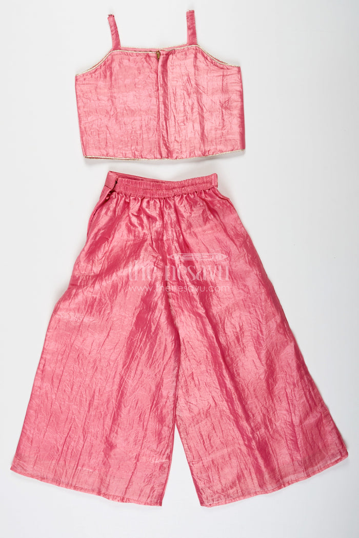 The Nesavu Girls Sharara / Plazo Set Organza Sharara Set for Girls with Sequence Embellished Jacket and Flared Palazzo Pants Nesavu Nesavu Girls Organza Sharara Set Sequence Embellished Jacket Palazzo Pants Rose Pink