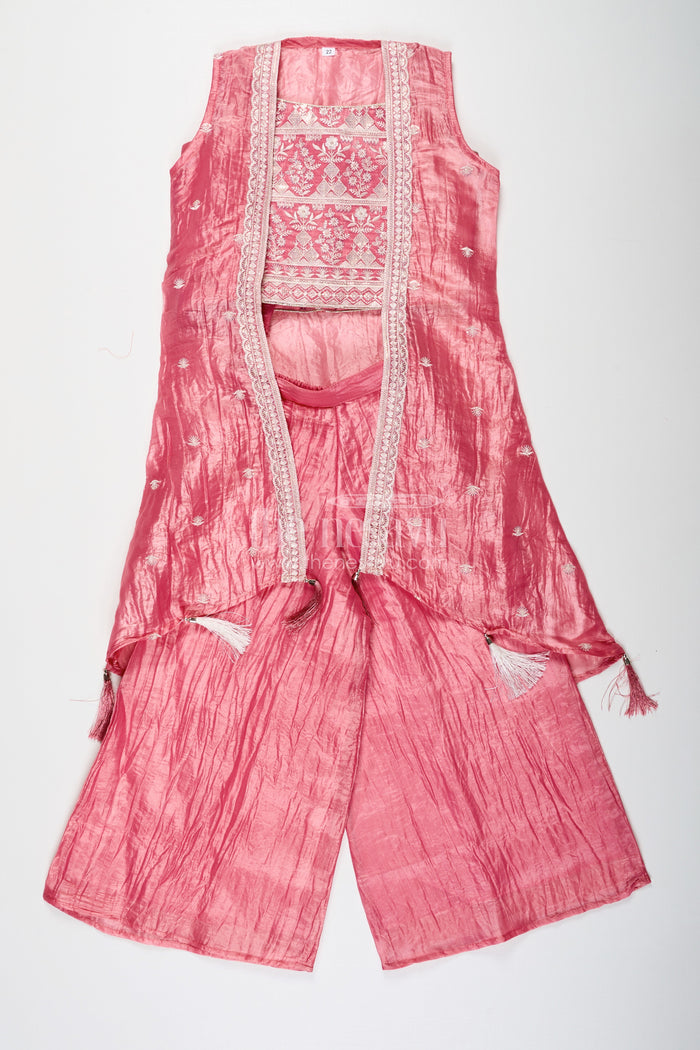 The Nesavu Girls Sharara / Plazo Set Organza Sharara Set for Girls with Sequence Embellished Jacket and Flared Palazzo Pants Nesavu Nesavu Girls Organza Sharara Set Sequence Embellished Jacket Palazzo Pants Rose Pink
