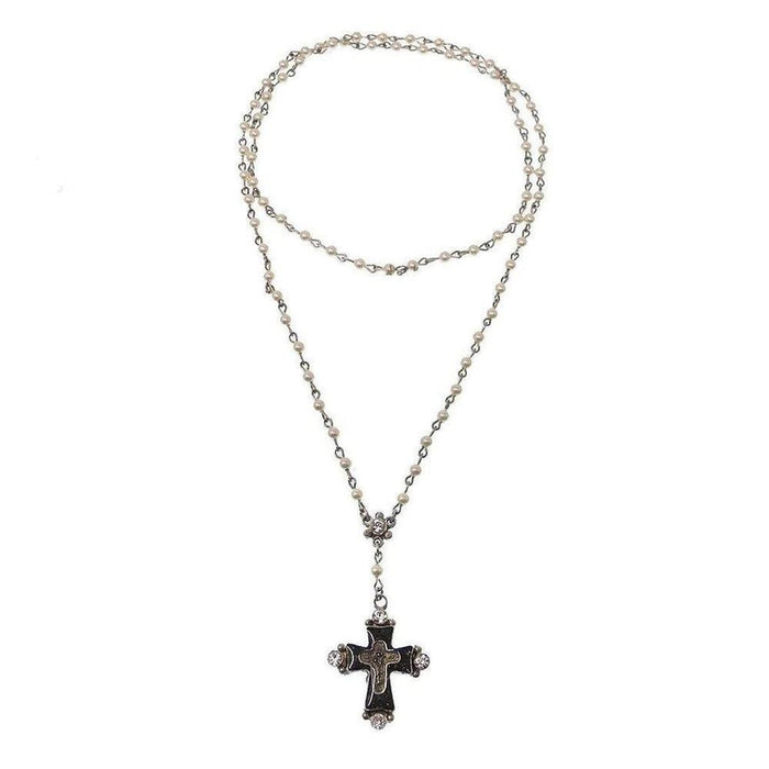 Elegant pearl rosary necklace featuring a dark cross pendant accented with sparkling crystals.