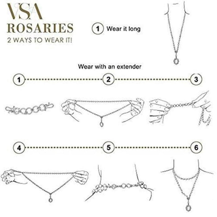 Diagram showing six ways to style a rosary necklace, including long, layered, and shorter styles.