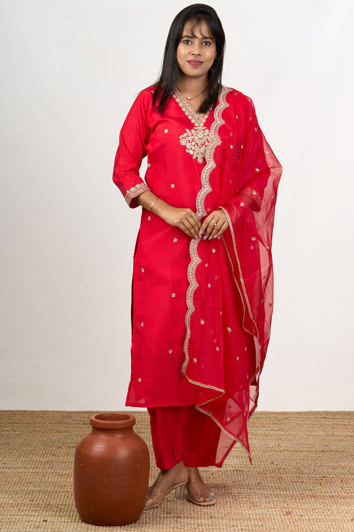 The Nesavu Womens Straight Suit Sets Outfits for Lohri Function with Elegant Embroidery Womens Straight Suit Set in Blend Silk Nesavu 38 (M) / Pink WTH071B-38 Outfits Lohri Function Blend Silk Womens Straight Suit Set Golden Embroidery | The Nesavu