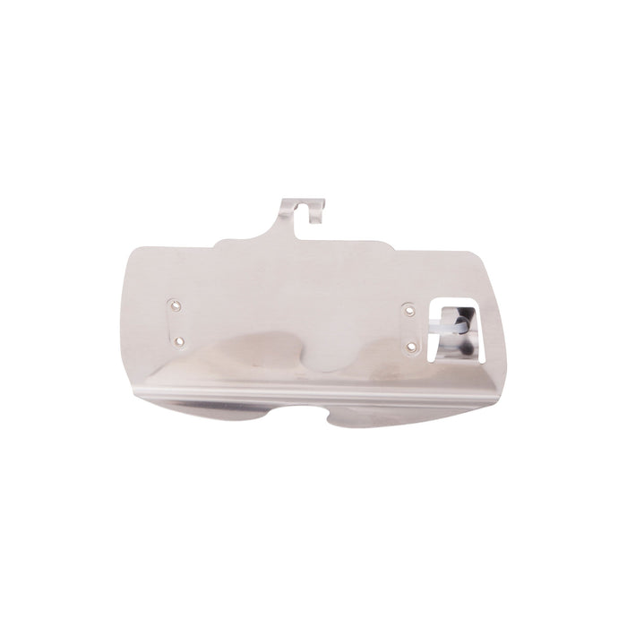Metal oven guide plate with clip and cutouts for thermometer insertion.