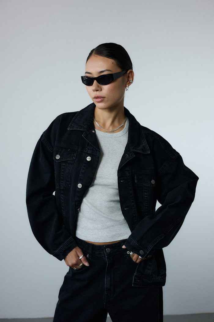 Oversized Denim Jacket, Women - AW25 - Dark Grey Denim