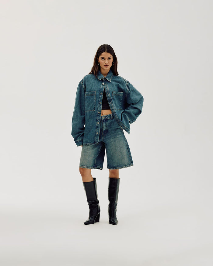 Oversized Denim Shirt, Women - Faded Blue