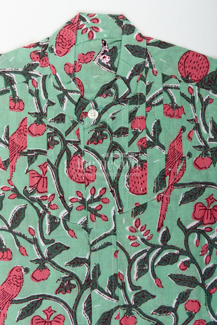 The Nesavu Boys Cotton Shirt Parrot and Botanical Print Boys Cotton Shirt Natureinspired Green Casual Wear Nesavu Nesavu Nature Inspired Green Cotton Shirt Boys Parrot Leaf Print Design Summer Days