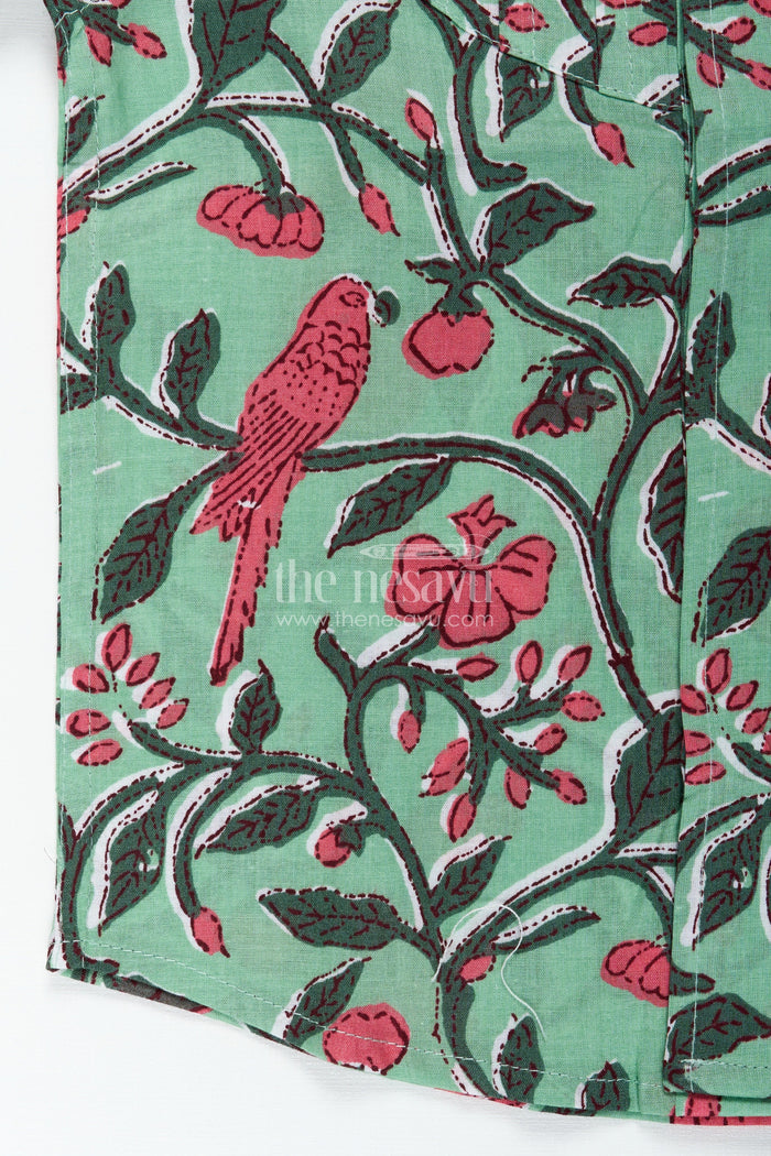 The Nesavu Boys Cotton Shirt Parrot and Botanical Print Boys Cotton Shirt Natureinspired Green Casual Wear Nesavu Nesavu Nature Inspired Green Cotton Shirt Boys Parrot Leaf Print Design Summer Days
