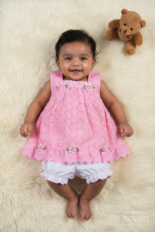 The Nesavu Baby Cotton Frocks Party Cotton Dress for Girls Hakoba Bloomer Set Nesavu Nesavu Pink Cotton Embroidered Party Frock Girls Floral Trim Matching Bloomer