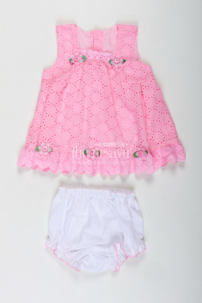 The Nesavu Baby Cotton Frocks Party Cotton Dress for Girls Hakoba Bloomer Set Nesavu 12 (3M) / Pink BFJ815B-12 Nesavu Pink Cotton Embroidered Party Frock Girls Floral Trim Matching Bloomer